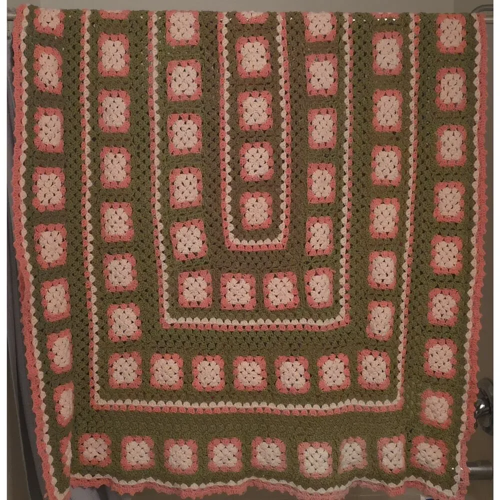 Vintage Crochet Granny Square Pink Green White Afghan Throw Blanket 78
